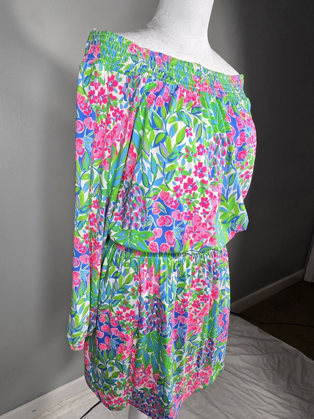 Lilly Pulitzer Off-Shoulder Floral Dress in Pink, Blue & Green - Picture 3 of 12
